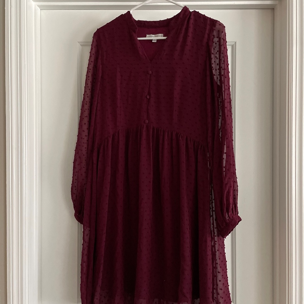 Sandra Darren Size 6 Women’s Long Sleeve Clip Dot Baby Doll Dress in Wine Color